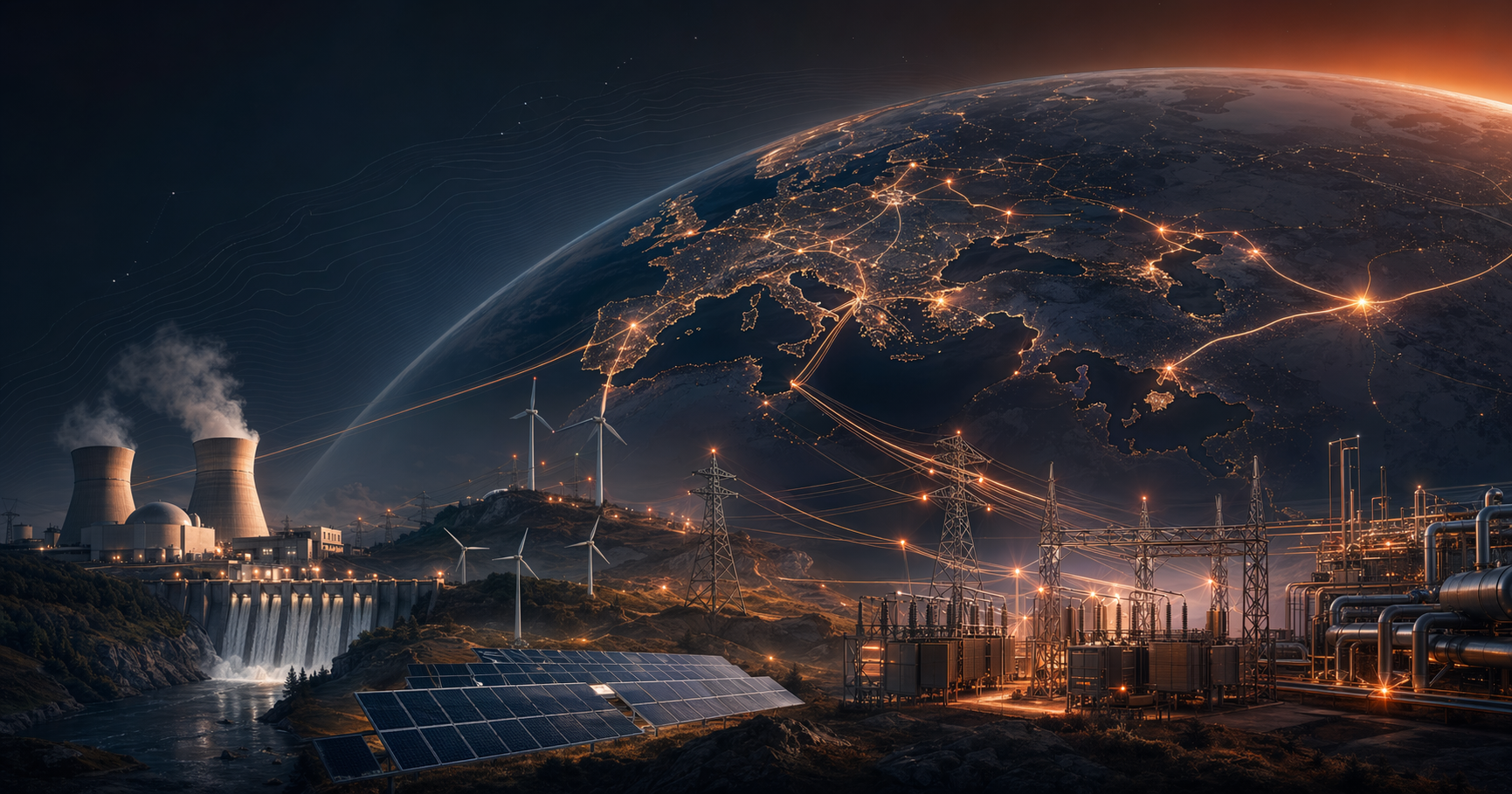 parc hero showing a connected electric grid panorama with nuclear, hydro, solar, wind, substations, and transmission lines